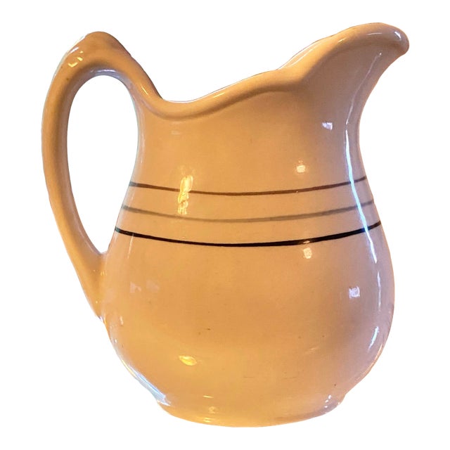 1920s Small Antique Iroquois Milk Jug/ Syrup / Gravy White W/ Black, Blue, Grey 3 Stripe For Sale