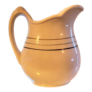 1920s Small Antique Iroquois Milk Jug/ Syrup / Gravy White W/ Black, Blue, Grey 3 Stripe