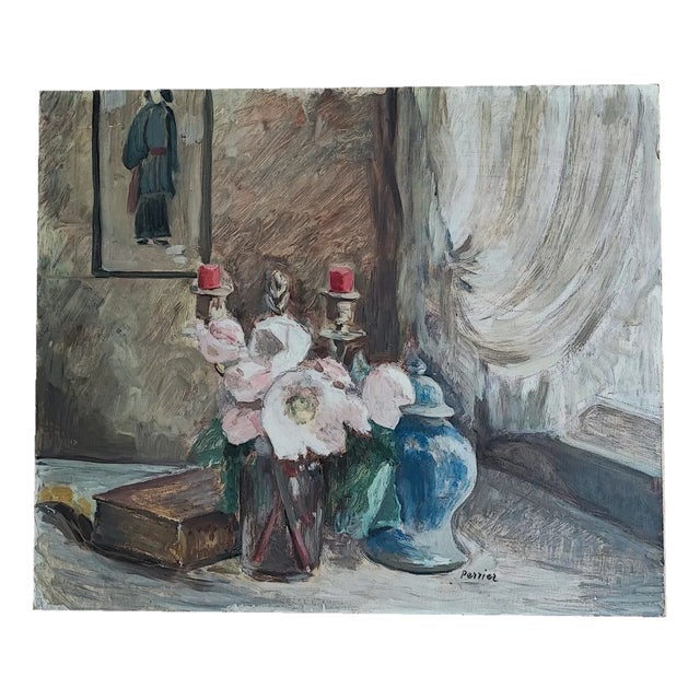 Perrier, Still Life with Candleholder and Candy Dish, 1946, Oil on Cardboard For Sale