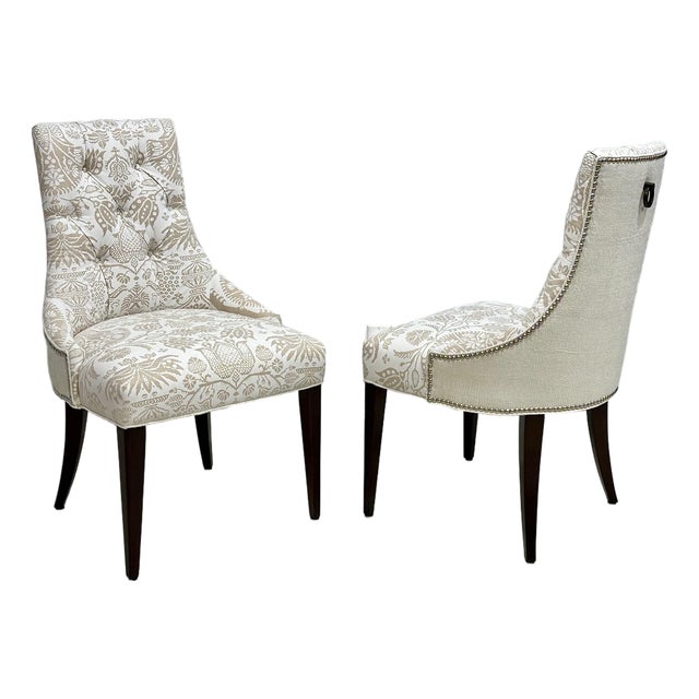 Baker Furniture Thomas Pheasant Upholstered Side Chairs – Newly Reupholstered in Screen-Printed Linen With Rubelli Back (Pair) For Sale