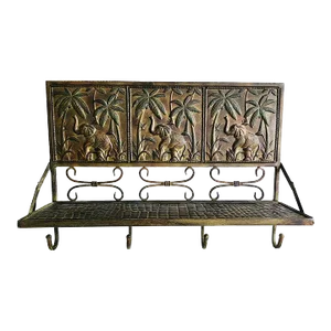 Vintage Brass Wall Shelf With Embossed Elephant and Faux Crocodile Detail