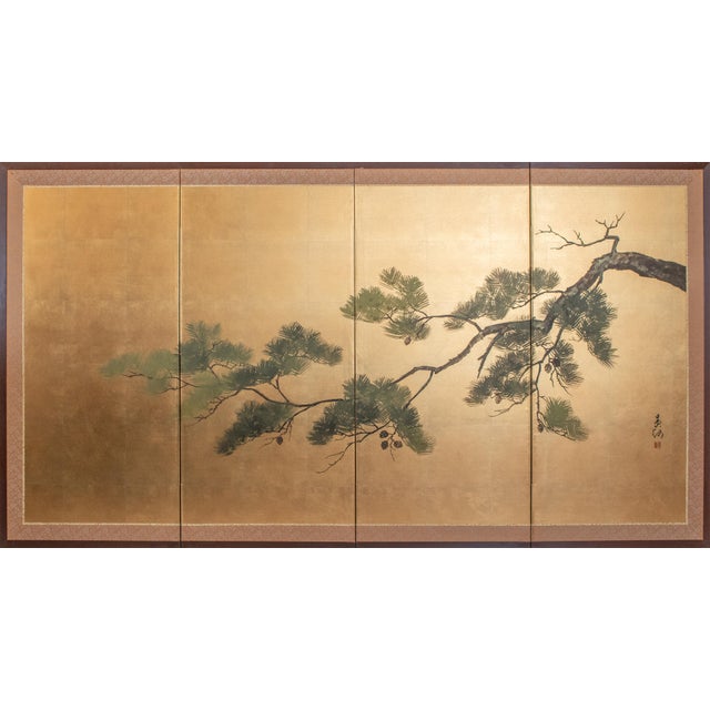 1960s Shōwa Era Japanese Byobu Screen, "Pine Tree Branch" For Sale - Image 17 of 17