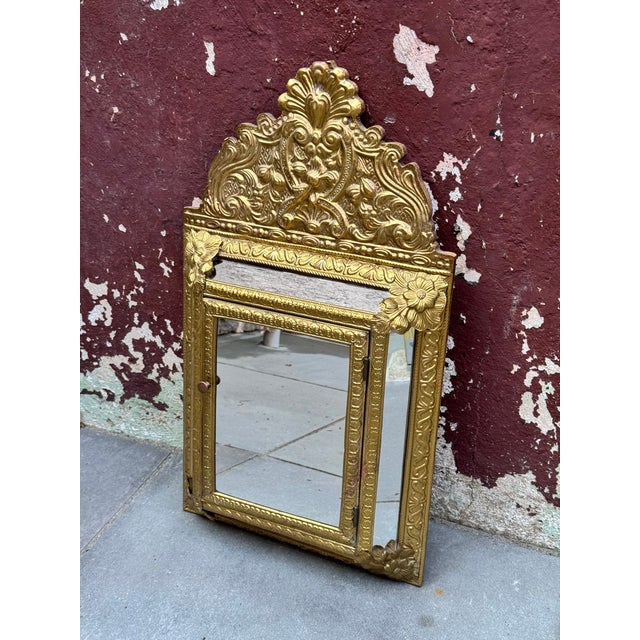French 1960s Napoleon III Style Brass Tin Embossed Wall Mirror For Sale - Image 3 of 12