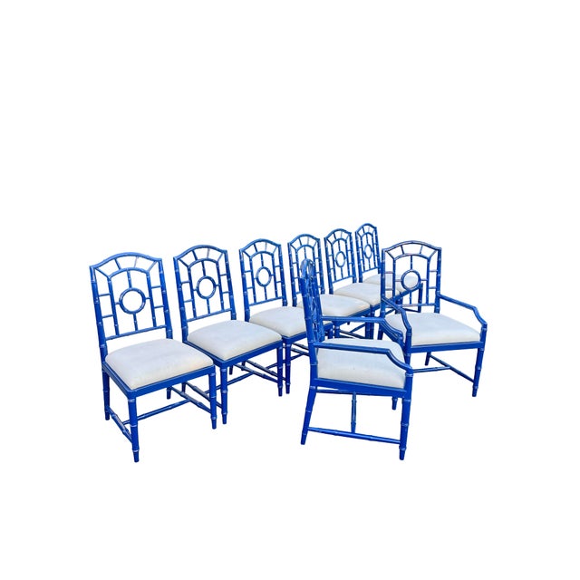 Faux Bamboo Chinoiserie Style Blue Dining Chairs in Blue Set of 8 For Sale - Image 13 of 14