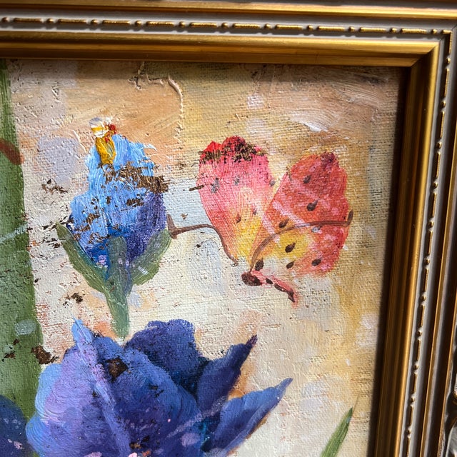 European School 20th Century Oil on Canvas Impressionist Floral Still Life Blue Irises and Butterfly Framed Signed For Sale - Image 9 of 10