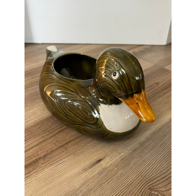 Vintage Green Glazed Ceramic Duck Planter Made in Portugal for f.t.d.A For Sale - Image 4 of 9
