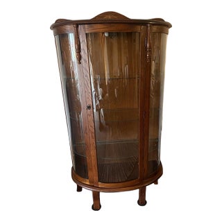 Vintage Petite Oak Curved Glass Curio Cabinet – 1990s For Sale