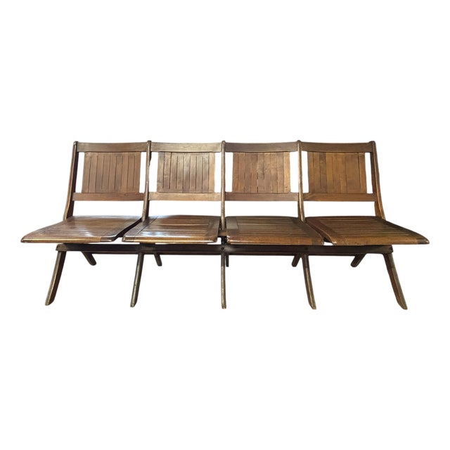 Vintage Four-Seat Folding Slatted Wood Bench, Theater, Waiting Room & Industrial Style Seating For Sale
