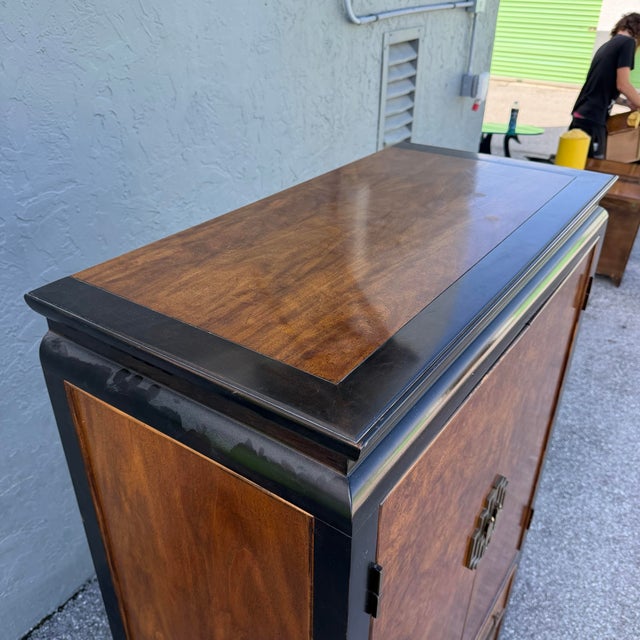 Wood Vintage Chinoiserie Burlwood and Black Armoire With Brass Accents by Century Furniture For Sale - Image 7 of 12