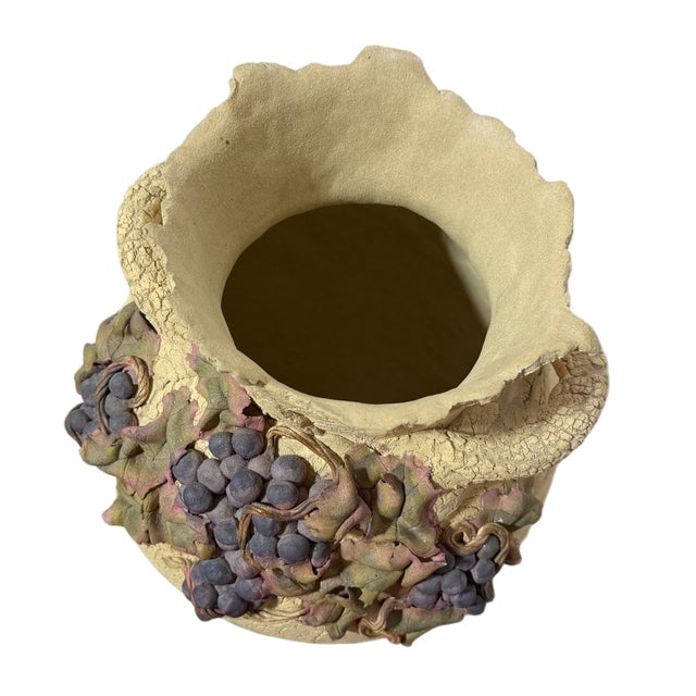 Contemporary Vintage Large Sculptural Art Pottery Grape Motif Amphora Style Vase - Artist Signed For Sale - Image 3 of 6