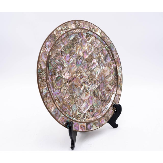 Traditional Abalone Shell Inlay Round Brass Tray Platter Art For Sale - Image 3 of 6