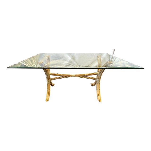 Mid Century McGuire Style Bamboo With Rawhide Wrap and Glass Top Dining Table For Sale