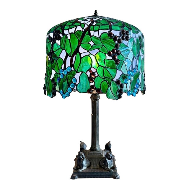 Rare c.1915 Unique Art Glass & Metal Co. Grapevine Leaded Glass Table Lamp With Egyptian Sphinx Bronze Base | Museum Quality For Sale