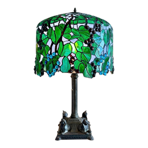 Rare c.1915 Unique Art Glass & Metal Co. Grapevine Leaded Glass Table Lamp With Egyptian Sphinx Bronze Base | Museum Quality