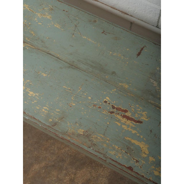 Distressed Green Wooden Bench With Weathered Patina For Sale - Image 4 of 5