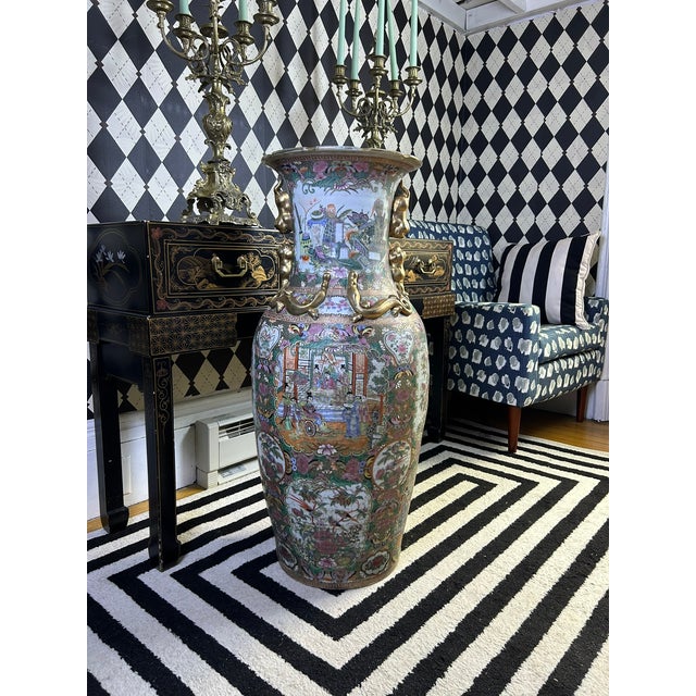 1950s Chinese Famille Rose Floor Vases With Figural Panels and Gilt Dragon Handles, 38" For Sale - Image 5 of 18