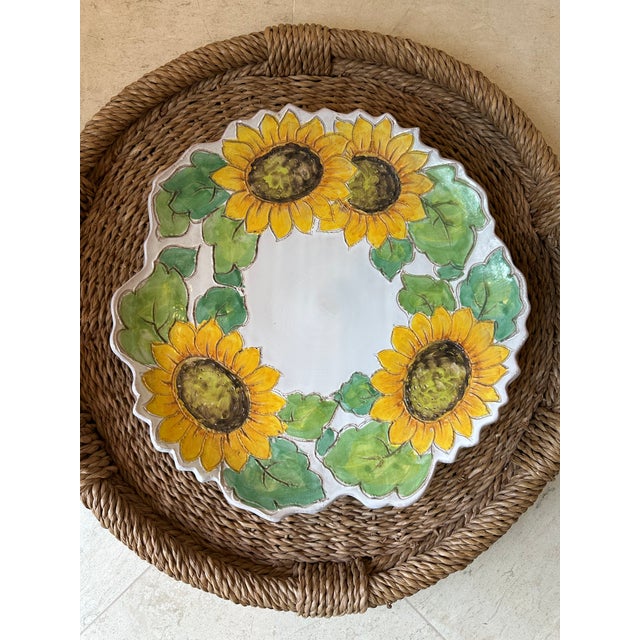 Vintage 13.5” Italian Sunflower Incised, Glazed Handpainted Terracotta Platter For Sale - Image 16 of 16