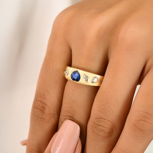 Not Yet Made - Made To Order Solid 18k Gold Gypsy Set Heart Sapphire Diamond Dome Ring Size 7 For Sale - Image 5 of 13