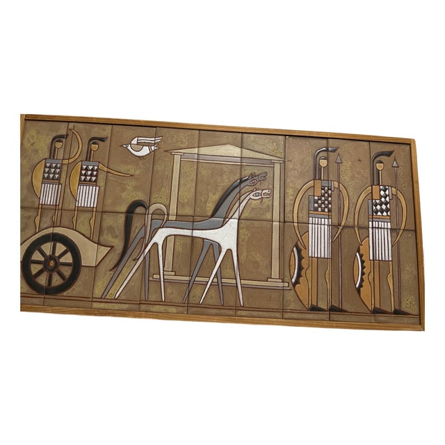 Multi-Tile Ceramic Mural Titled "Composition With Warriors" (Or "Classical Age Warriors") by the Renowned Greek Ceramist Panos Valsamakis (1900–1986). For Sale