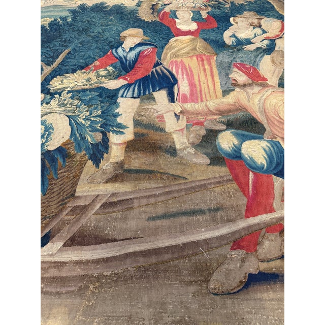 17th Century Brussels Tapestry With Figures and Floral Harvest For Sale - Image 9 of 10