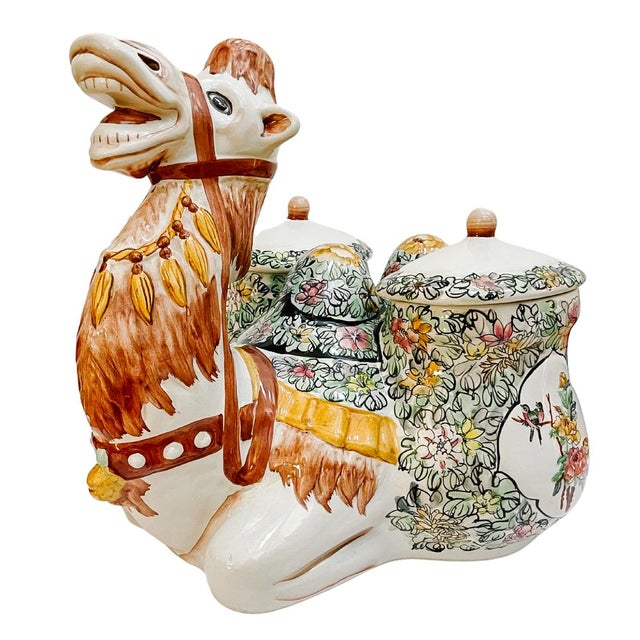 A monumental ceramic centerpiece capturing the playful sophistication of Mid-Century Hollywood Regency and Chinoiserie...