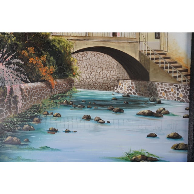 Large Original Mediterranean Village Landscape Oil Painting | 40” X 48” | Framed Architectural River Scene For Sale - Image 4 of 4