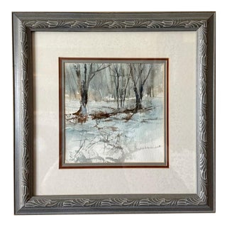Vintage Impressionist Winter Snowscape Landscape Watercolor Painting, Cyrillic Signed For Sale