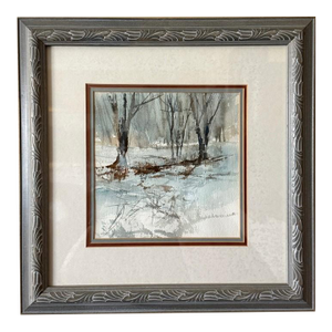 Vintage Impressionist Winter Snowscape Landscape Watercolor Painting, Cyrillic Signed