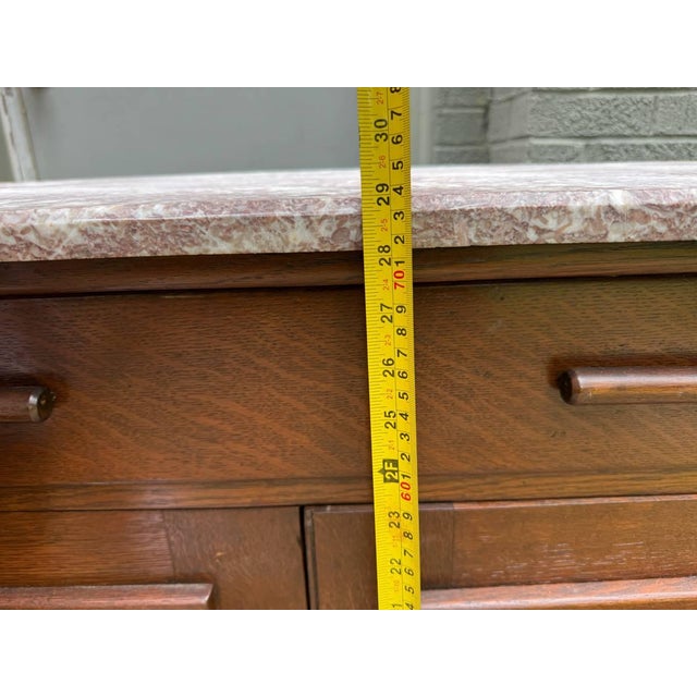 Antique French Art Deco Style Marble Top Oak Wood Cabinet Sideboard With Geometric Front For Sale - Image 10 of 18