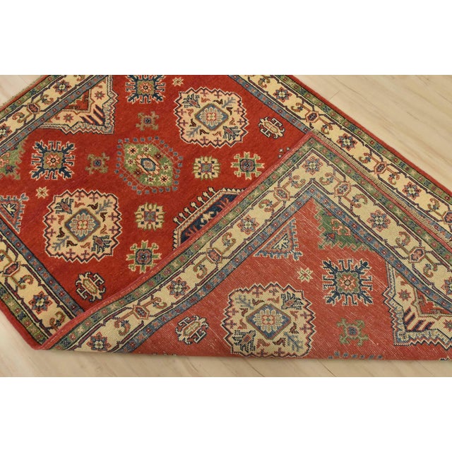 Kazak Rug 4′ X 6’2” Red Wool Tribal Hand-Knotted Oriental Carpet For Sale - Image 11 of 12