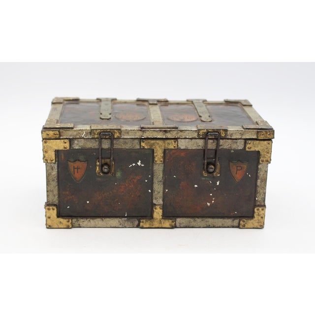 Circa 1907-1909 Huntley & Palmers "Iron Chest" Biscuit Tin Box, English. Very collectible. 17th century Armada Chest form...