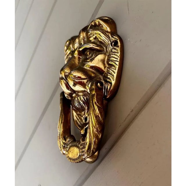 Hollywood Regency Early 20th Century Solid Brass Lion's Head Door Knocker For Sale - Image 3 of 4