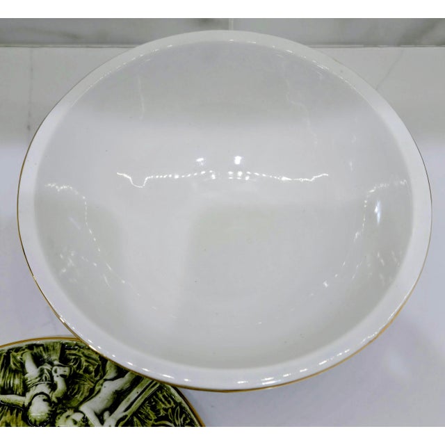 Vintage R. Capodimonte Italian Porcelain Covered Dish With Putti & Birds, Footed Green Gold Compote For Sale - Image 11 of 13