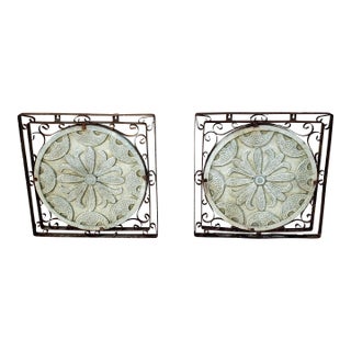 1980s Vintage Pair of Square Iron Framed Terracotta Relief Floral Medallion Wall Hangings For Sale