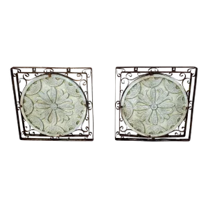 1980s Vintage Pair of Square Iron Framed Terracotta Relief Floral Medallion Wall Hangings
