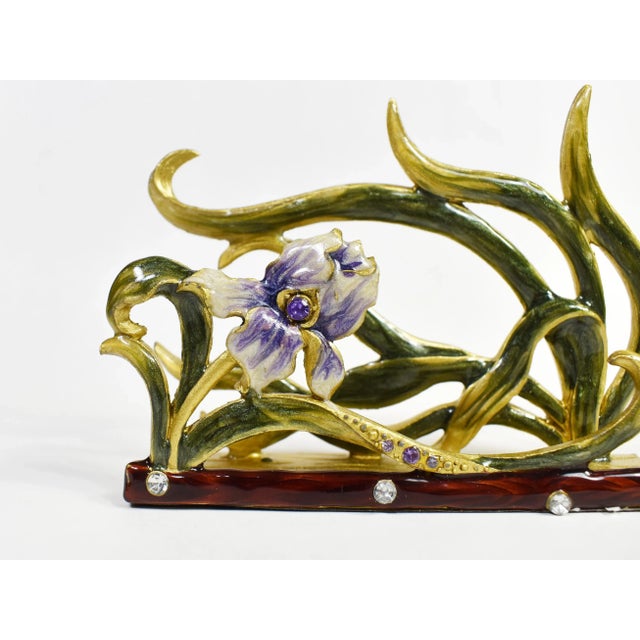 Vintage Enamel Rhinestones Flower Brass Desktop Business Card Holder For Sale - Image 4 of 8