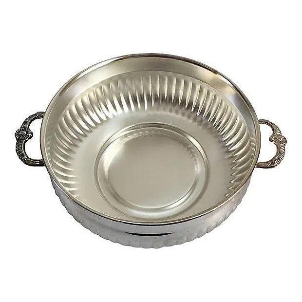 Large silver-plate tureen with removable oven-safe Pyrex glass bowl. Elegantly designed with ribbed bottom, ornate handles...