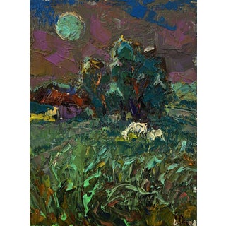 Oil Painting the Moon Shines Over the Field Oleksiy Ivanyuk For Sale