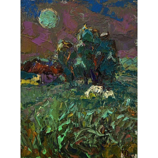 Oil Painting the Moon Shines Over the Field Oleksiy Ivanyuk For Sale