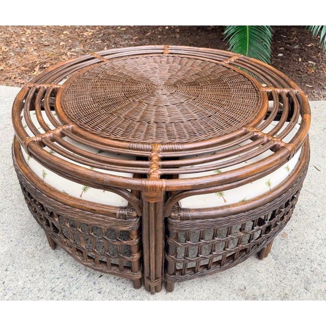 Vintage Rattan Round Glass Top Coffee Game Table With 4 Cushioned Stools For Sale - Image 12 of 12