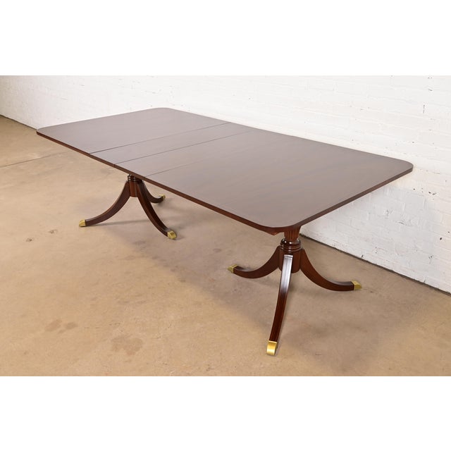 Baker Furniture Style Georgian Banded Mahogany Double Pedestal Extension Dining Table, Newly Refinished For Sale - Image 11 of 11