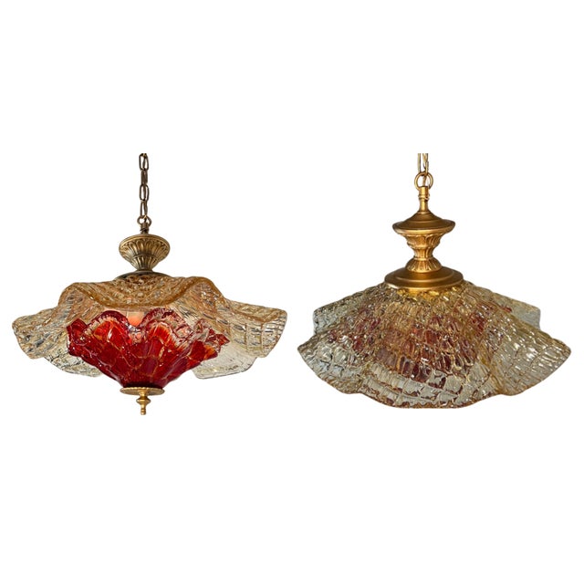 Late 20th Century Vintage Murano Fazzoletto Art Glass “Fiore Di Fuoco” Amber Red Pendant Light For Sale - Image 5 of 18