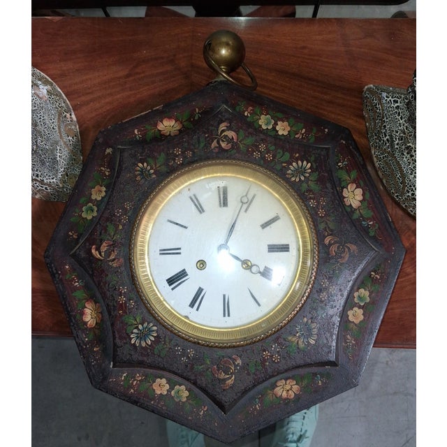 Napoleon III Octagonal Wall Clock with Painted Flowers For Sale - Image 6 of 8