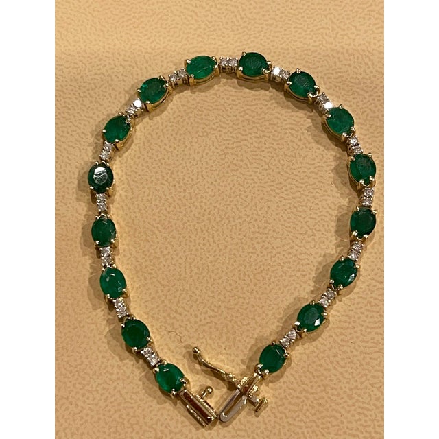 Green 12 Ct Natural Brazilian Emerald and Diamond Tennis Bracelet 14 Karat Yellow Gold For Sale - Image 8 of 8
