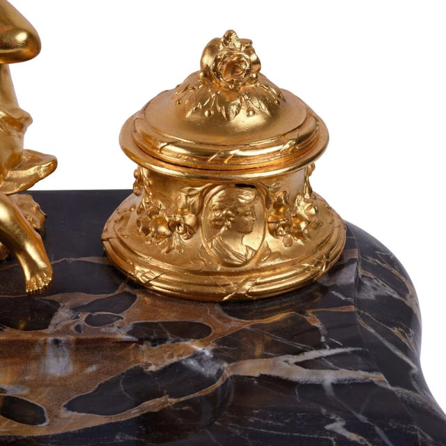 19th Century Dore Bronze Cherub Marble Inkwell For Sale - Image 4 of 11