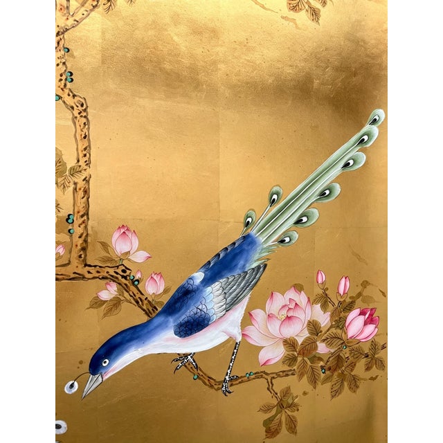 Hand Painted Gold Leaf Wallpaper With Birds & Floral Chinoiserie Design, Luxury Oriental Wallcovering, Custom Made Decorative Wall Mural For Sale - Image 4 of 13