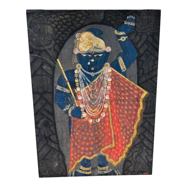 Early 20th Century India Pichhavai Shrinathji Pichhwai Krishna Vishnu Painting Antique Indigo Natural Pigments For Sale