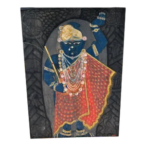 Early 20th Century India Pichhavai Shrinathji Pichhwai Krishna Vishnu Painting Antique Indigo Natural Pigments