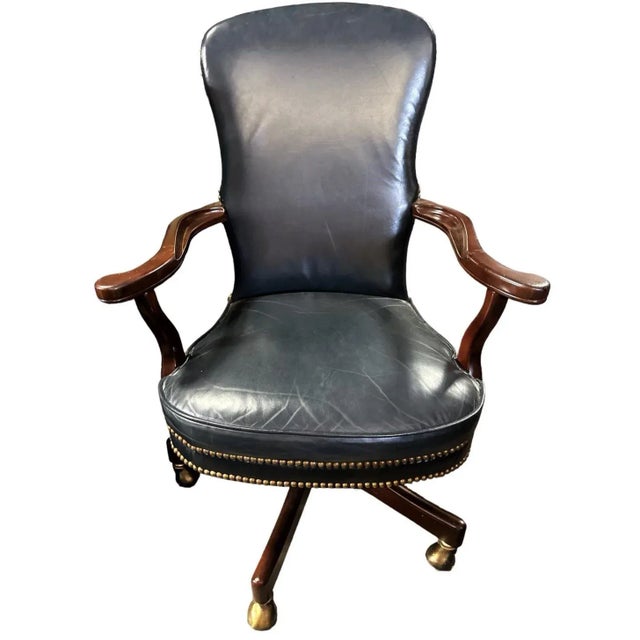 Quaker Furniture Hickory North Carolina Dark Blue Leather Swivel Chair