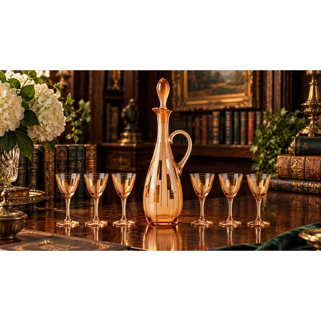 Vintage Rose-Gold Glass Decanter & 6 Cordial Glasses — Geometric Gold Modernist Barware Set 7 pcs For Sale In Atlanta - Image 6 of 6